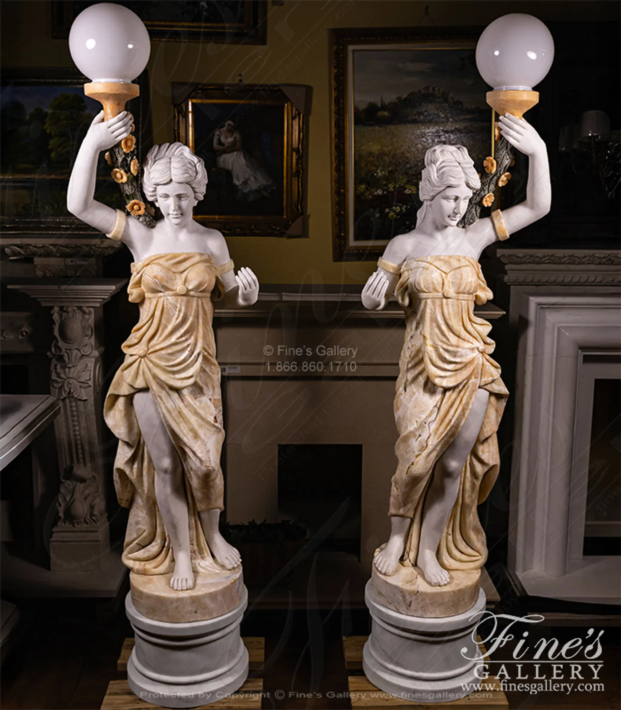 Figural Female Marble Lamp Post Pair