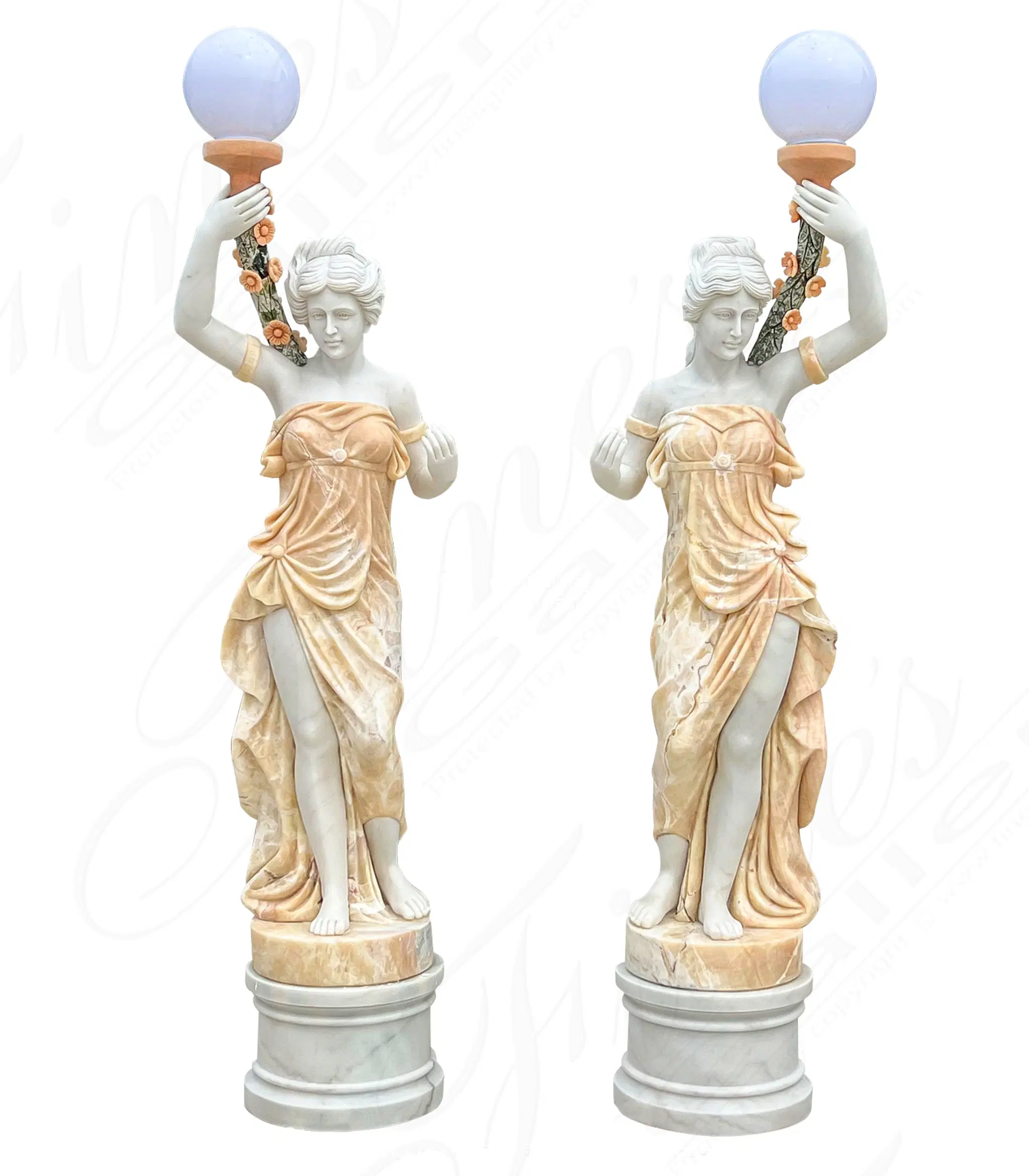 Figural Female Marble Lamp Post Pair — Model MS-1383 — Hand-Crafted by Fine's Gallery
