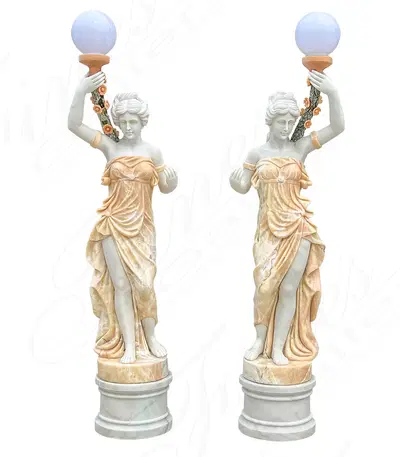 Figural Female Marble Lamp Post Pair