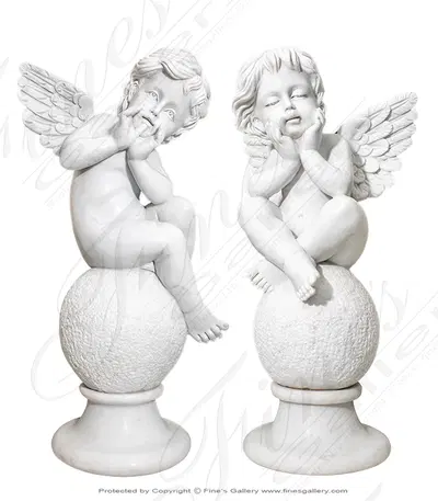 Pristine Statuary White Marble Cherub Pair
