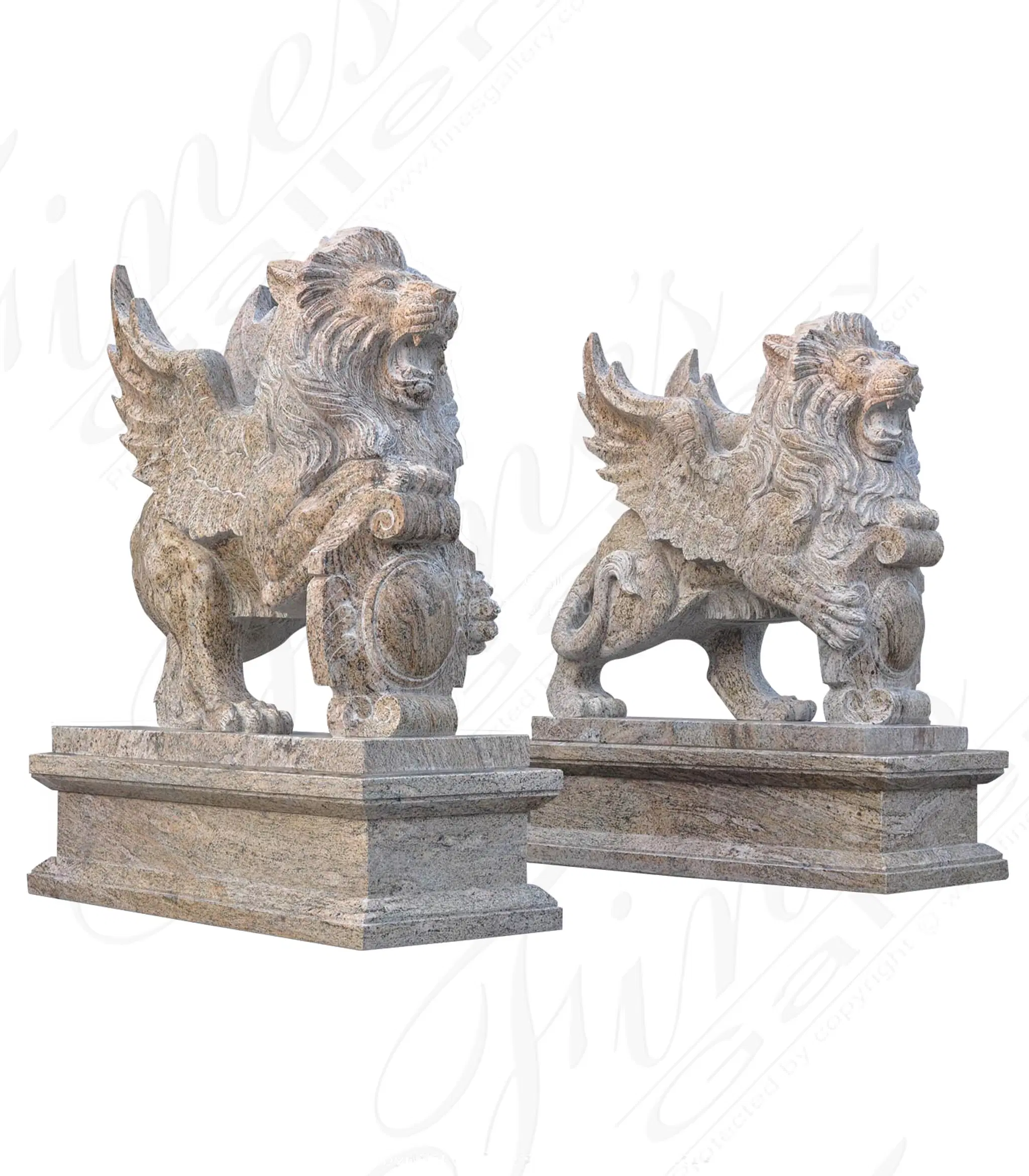 A Pair of Winged Lions in Solid Granite — Model MS-1442 — Hand-Crafted by Fine's Gallery