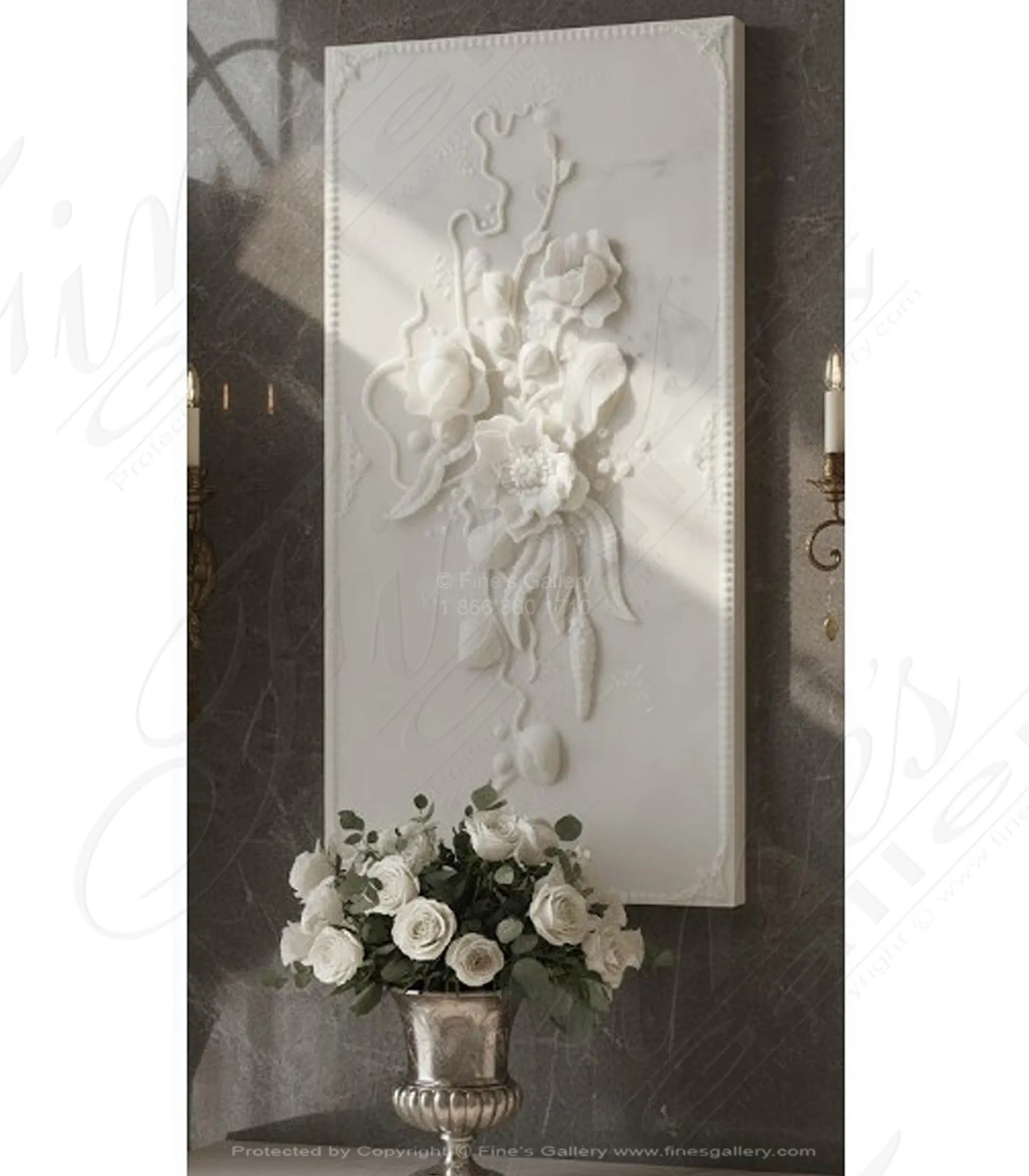 Elaborate carved marble floral scrollwork relief