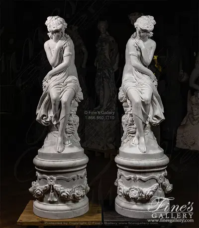 Marble Enchantress Pair Featuring Ornate Rose Garland Pedestals