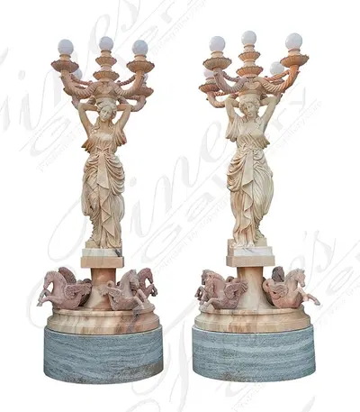 Rosetta Marble Ladies and Pegasus Lamp Post Pair