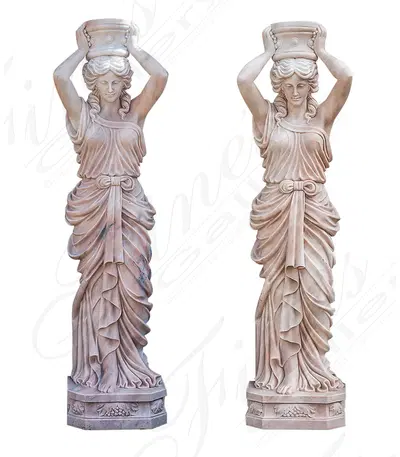 Oversized Hand Carved Marble Caryatid Statue Pair