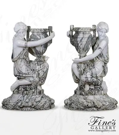 Kneeling Maidens Marble Urn Pair