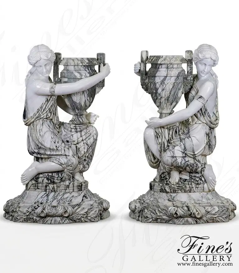 Kneeling Maidens Marble Urn Pair
