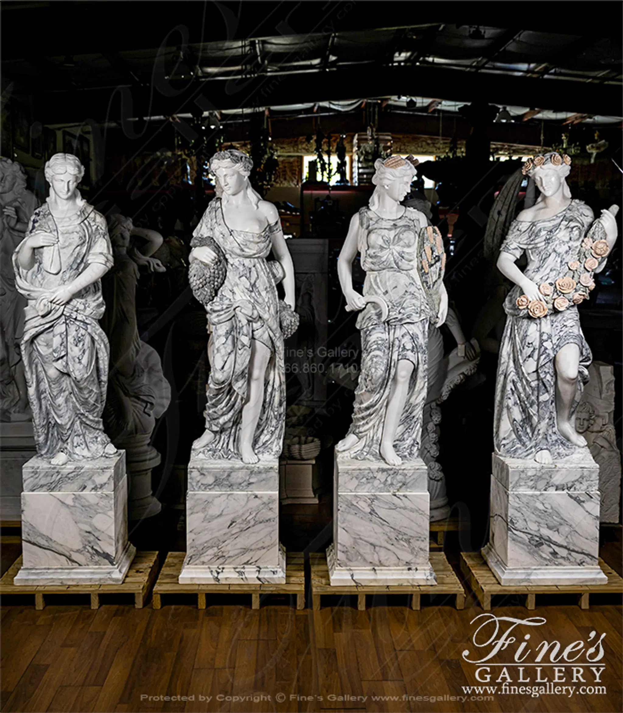 Four Seasons Marble Statues in Arabascato and Statuary Marble
