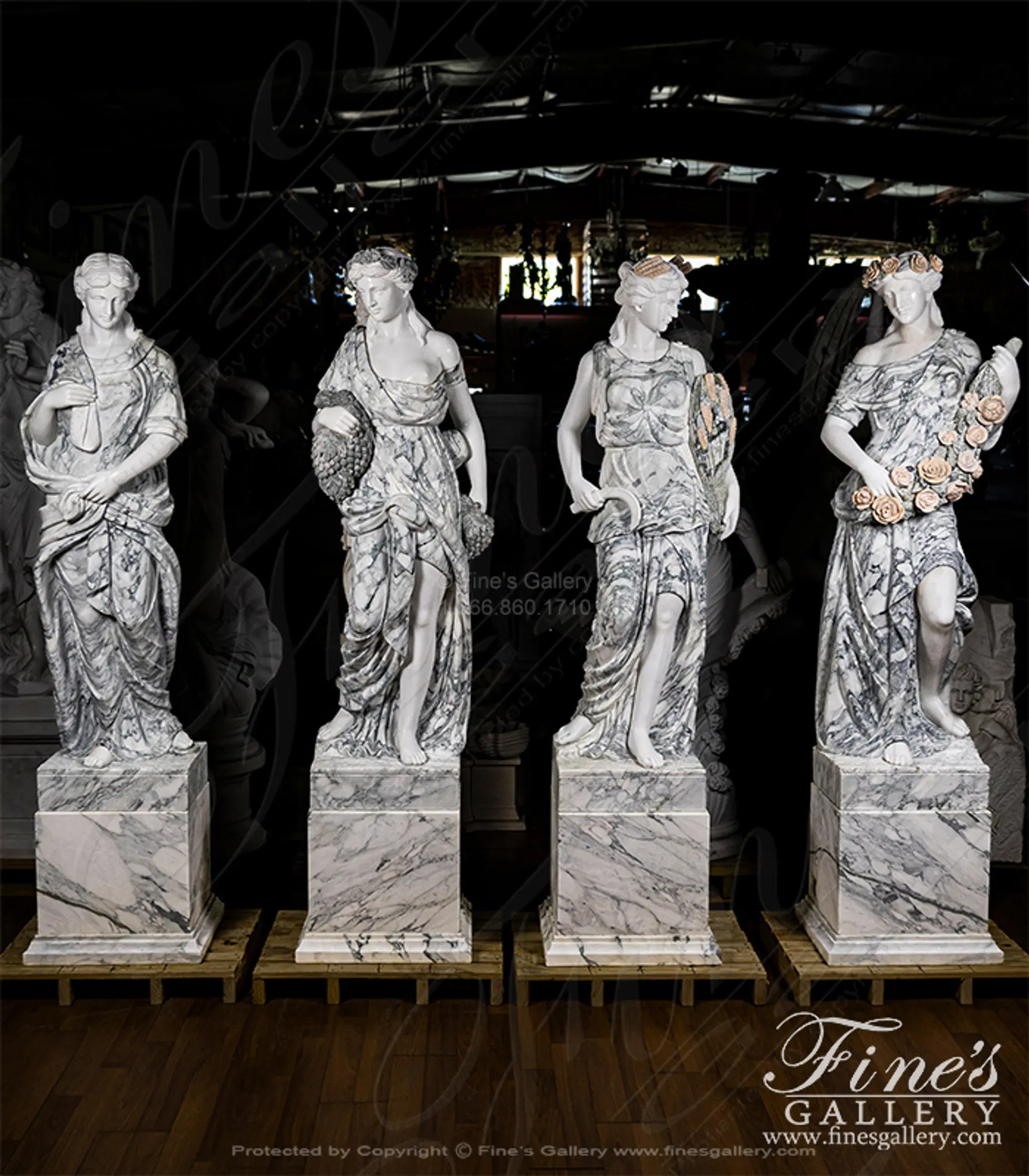 Four Seasons Marble Statues in Arabascato and Statuary Marble