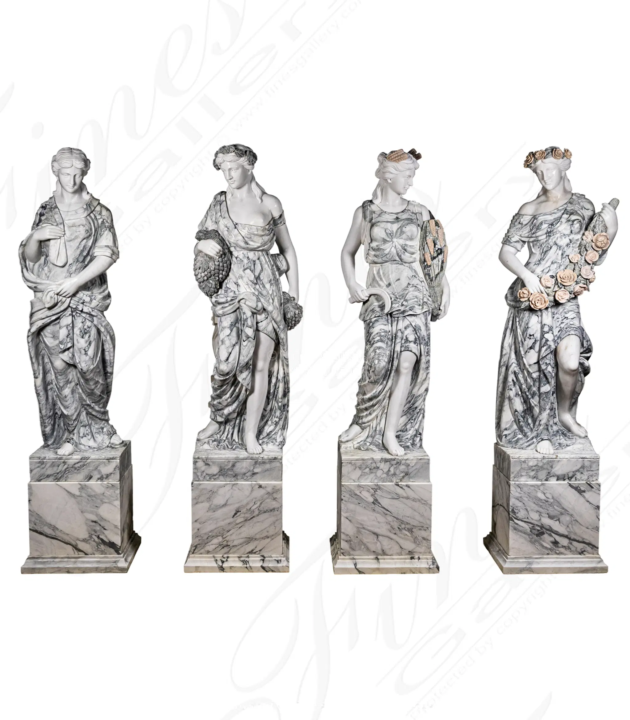 Four Seasons Marble Statues in Arabascato and Statuary Marble — Model MS-1590 — Hand-Crafted by Fine's Gallery