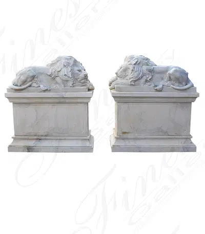 Resting Lion Pair in Antique White Marble ( Light Finish ) 