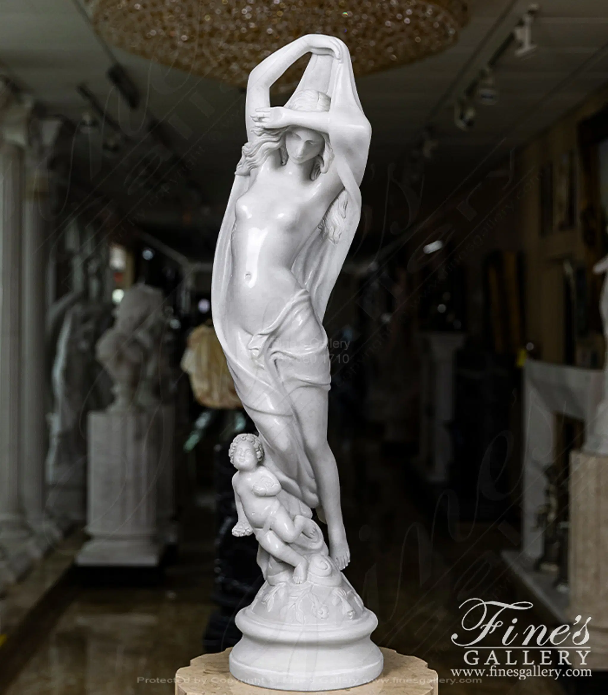 Graceful Half Nude Woman and Child Statue in Polished Statuary Marble
