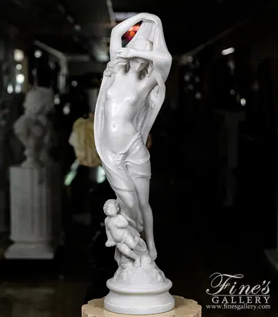 Graceful Half Nude Woman and Child Statue in Polished Statuary Marble