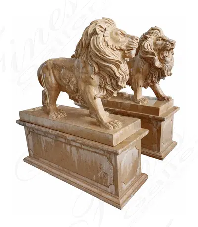 Hand Carved Natural Stone Lion & Pedestal Pair