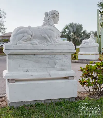 Marble Sphinx Statue Pair - White Mythical Creature Sculptures with Bases - Classical Home Decor