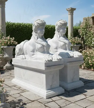 Marble Sphinx Statue Pair - White Mythical Creature Sculptures with Bases - Classical Home Decor