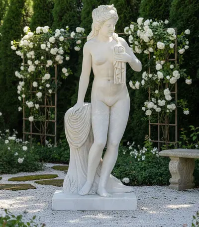 Vintage Nude Female Statue in Aged White Marble