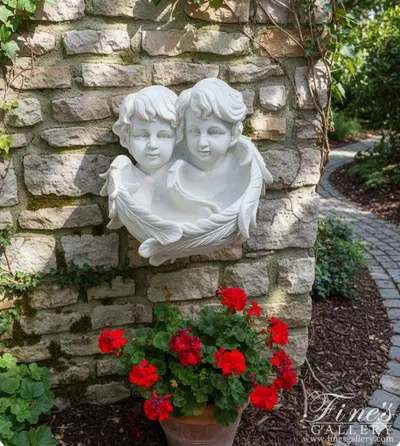 Cherub Twins White Marble Wall Statue - Garden Decor Sculpture - Realistic Angel Art