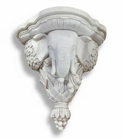 Elephant Wall Statue - Pure White Marble Garden Decor with Decorative Shelf - Patio Art Sculpture