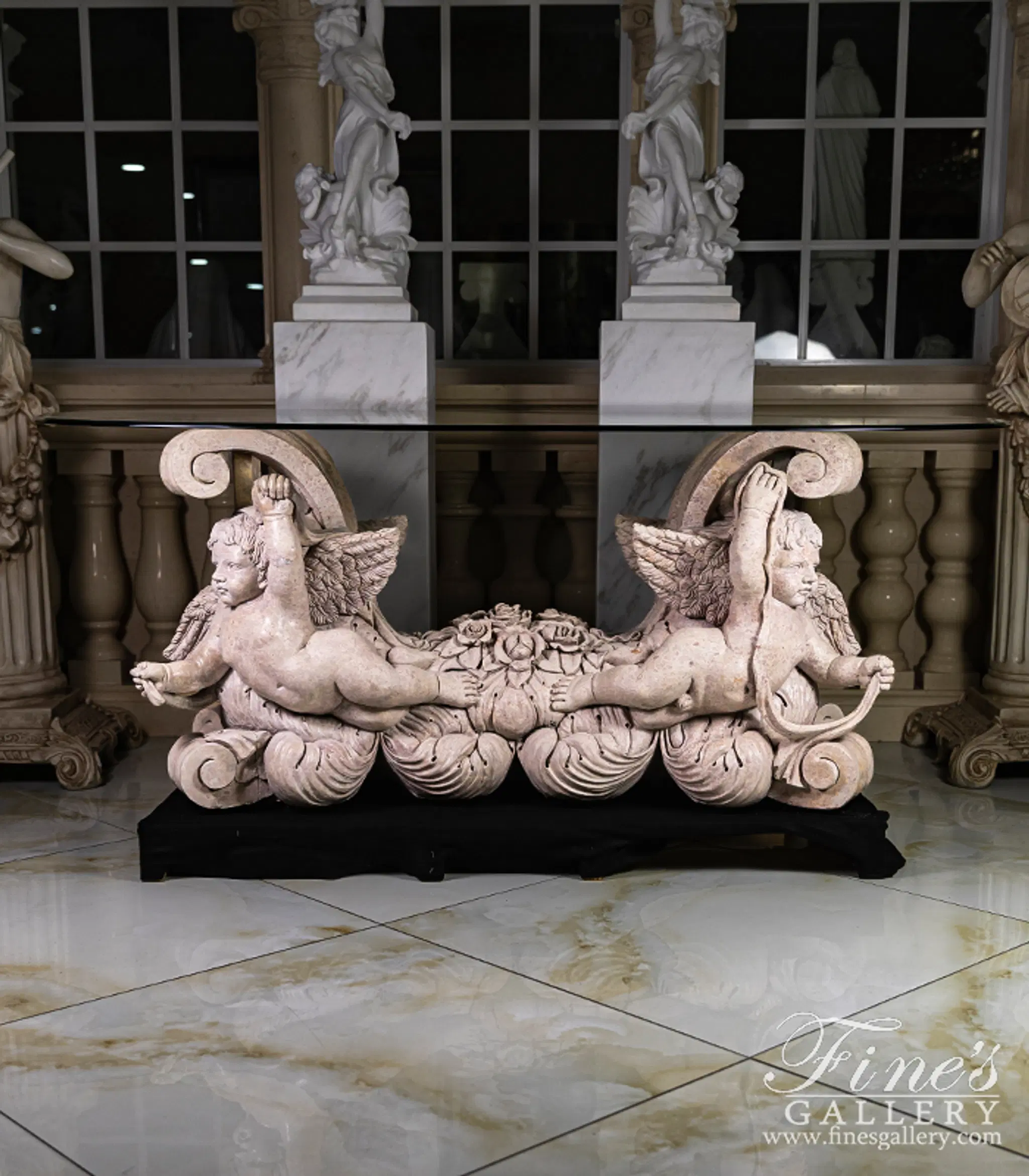 Vintage Collection - Carved Cherubs Table in a veined marble — Model MT-124 — Hand-Crafted by Fine's Gallery