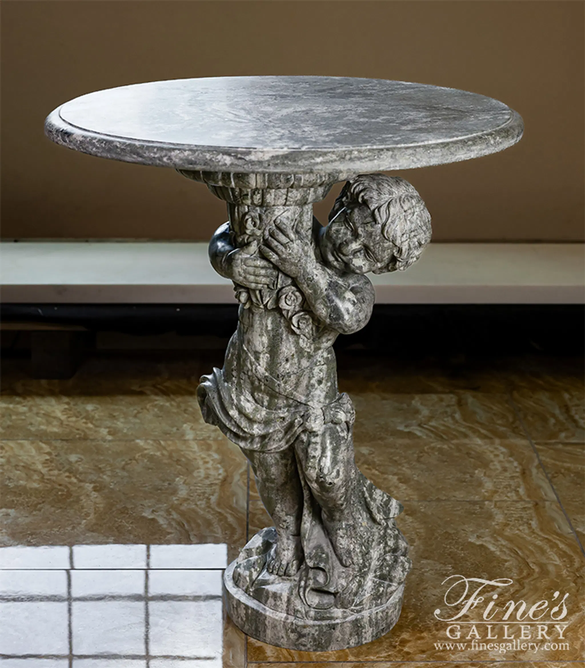 Hand-Carved Marble Cherub Pedestal Table — Model MT-218 — Hand-Crafted by Fine's Gallery
