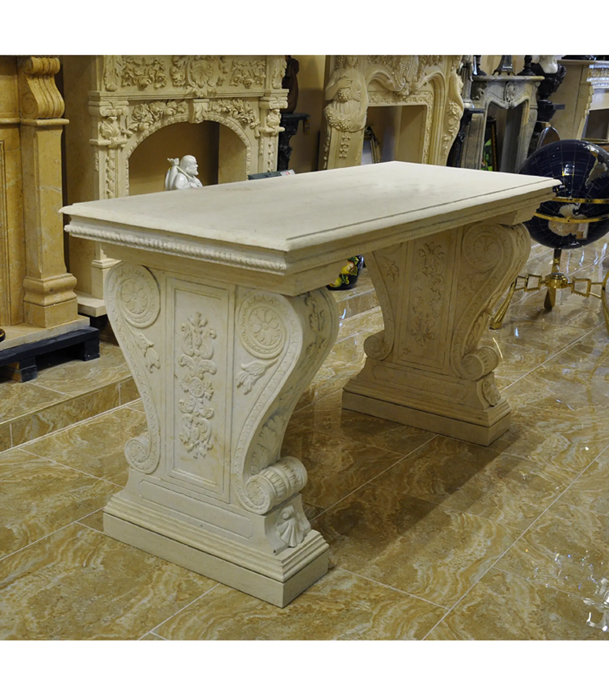 Light Cream Credenza Natural Marble Table — Model MT-224 — Hand-Crafted by Fine's Gallery
