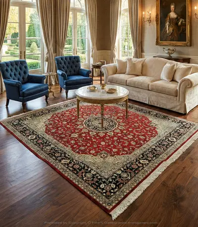 Traditional Silk Hand Knotted Square Rug - Deep Red and Indigo Medallion Design
