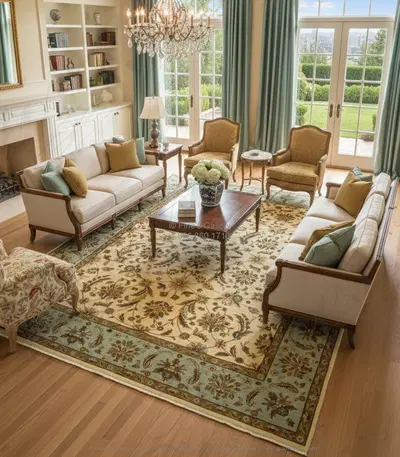 Hand Knotted Wool Area Rug - Rectangular Cream, Gold and Red with Seafoam Border
