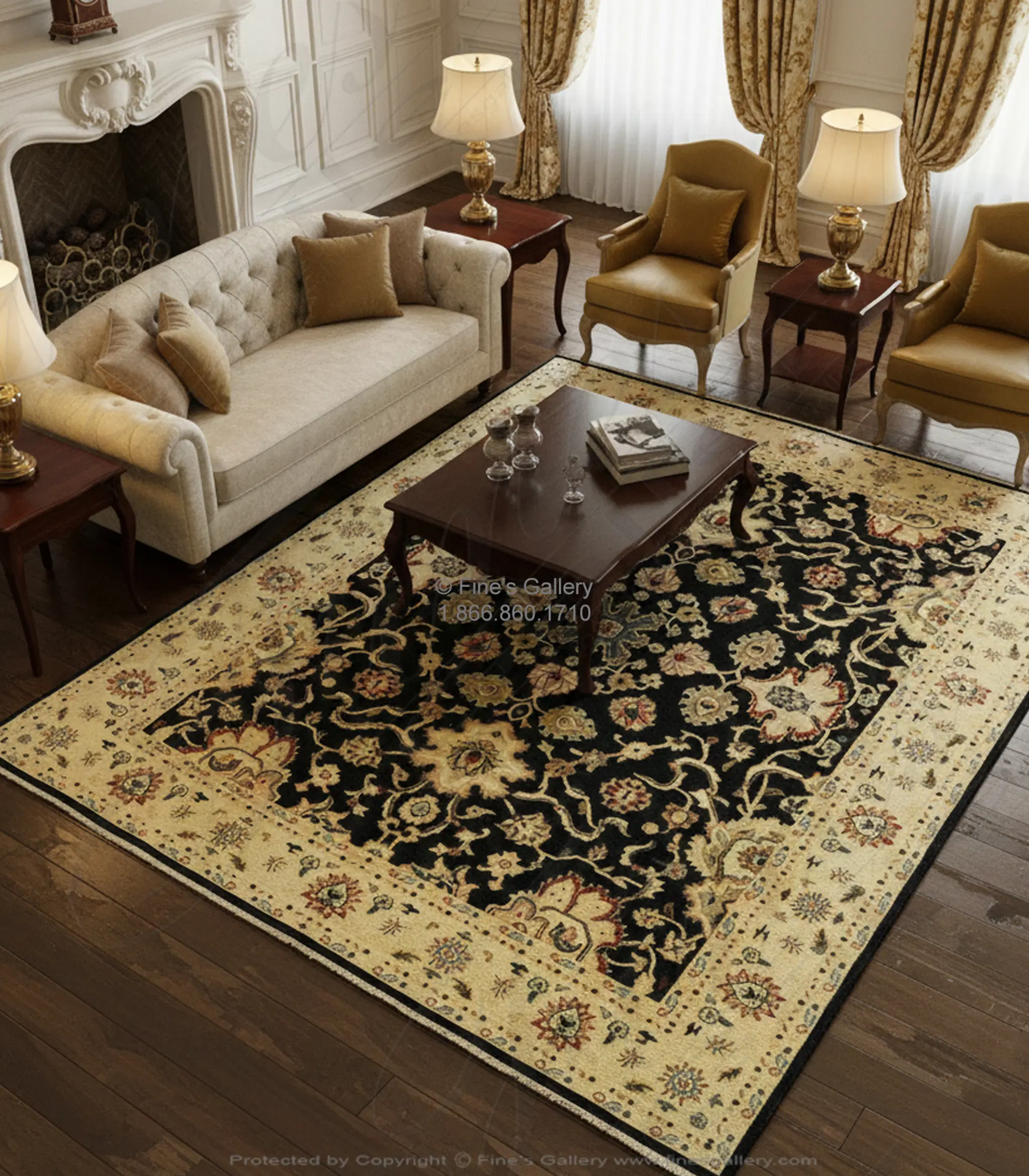 Hand Knotted Wool Rectangle Rug - Black with Gold Border and Red Accents - Classic Elegant Design