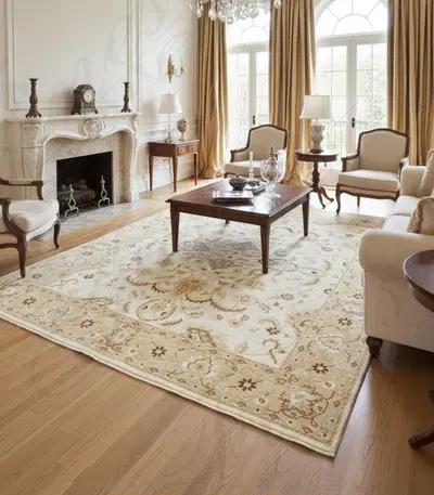 Hand Knotted Wool Rug Rectangle - Cream and Gold with Deep Rust Accents - Luxury Home Decor
