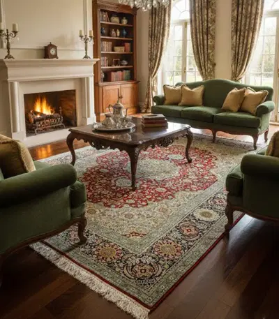 Hand Knotted Silk Rug - Red Ivory Gold with Indigo Border - Luxury Rectangle Area Rug