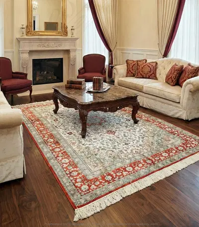 Hand Knotted Ivory Silk Rug Rectangle with Medallion Center and Red Border - Luxury Area Rug