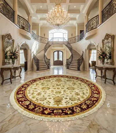 Hand Knotted Wool Round Rug with Raised Silk Traditional Design in Ivory and Red - Fine's Gallery