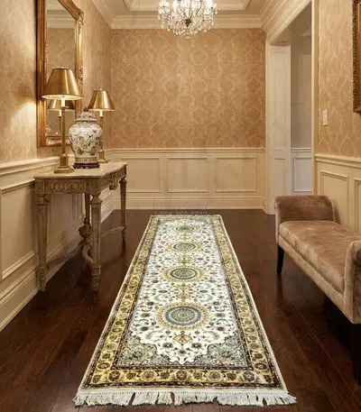 Hand Knotted Silk Runner Rug - Ivory Field with Gold Border and Red Accents - Luxury Home Decor