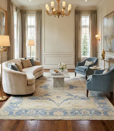 Hand-Knotted Wool Rug Rectangle - Cream and Blue with Gold Accents - Luxury Area Rug