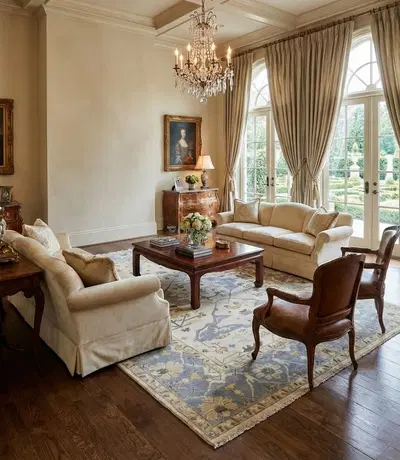 Hand-Knotted Wool Area Rug - Cream and Marine Blue with Tan Accents - Rectangle Design