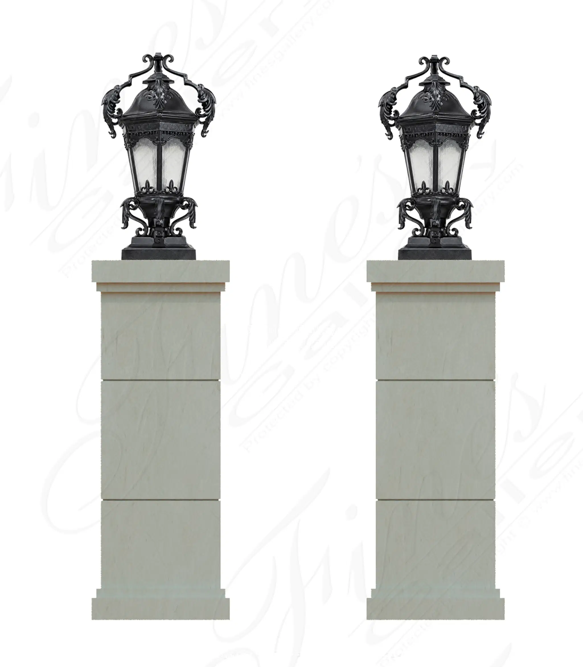 134" Stone Gate Piers w/ Elaborate and Oversized Lamps in Vratza Limestone — Model SGP-002 — Hand-Crafted by Fine's Gallery