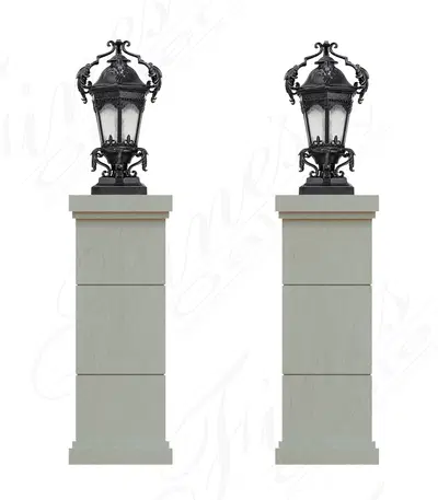 134" Stone Gate Piers w/ Elaborate and Oversized Lamps in Vratza Limestone