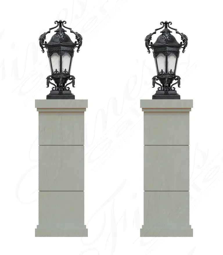 134" Stone Gate Piers w/ Elaborate and Oversized Lamps in Vratza Limestone