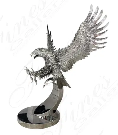 Steel Descent, A Majestic Eagle Landing In Stainless Steel