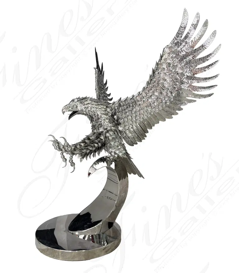 Steel Descent, A Majestic Eagle Landing In Stainless Steel