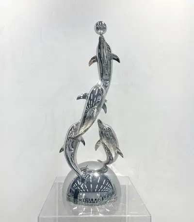 Stainless Steel Four Dolphins Statue, Polished, 31 in.