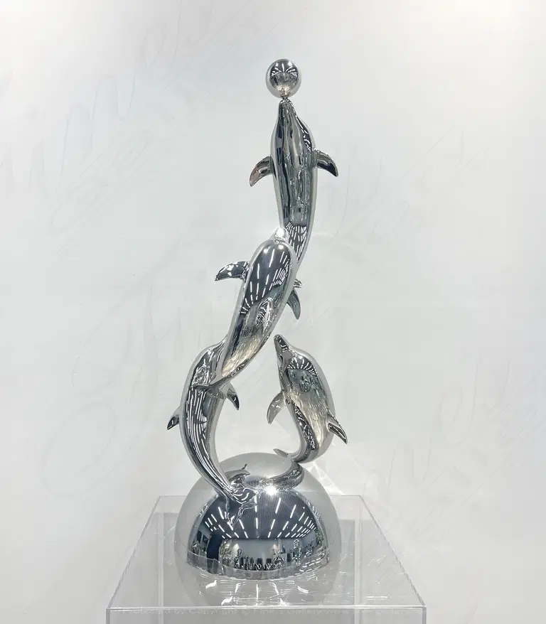Stainless Steel Four Dolphins Statue, Polished, 31 in.